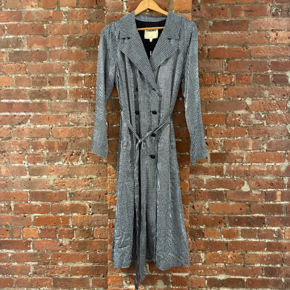 NWT L'Agence Satin White/Black Glenplaid Trench